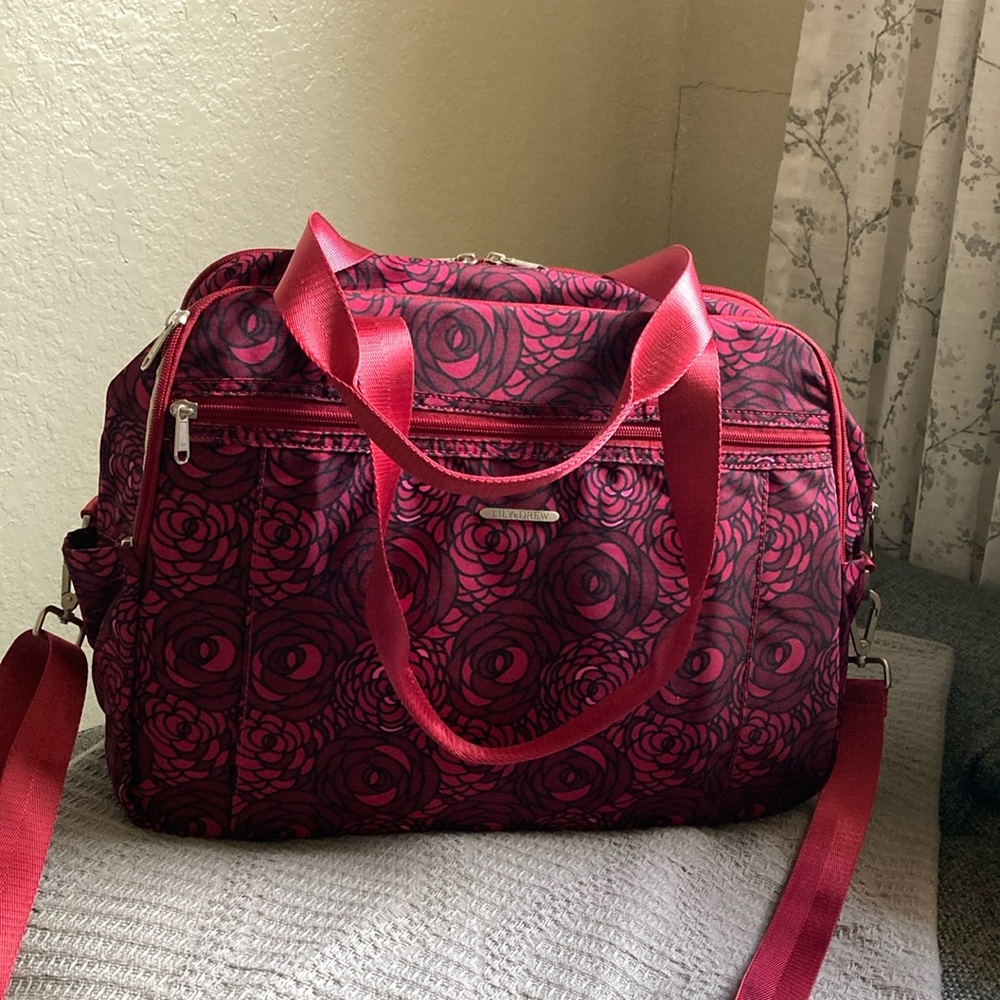 Lily and Drew travel or diaper bag red and black roses trolley sleeve